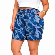 Short Moletinho Plus Size Feminino Estampado Com Bolso Cintura Alta Confortável Casual Verão