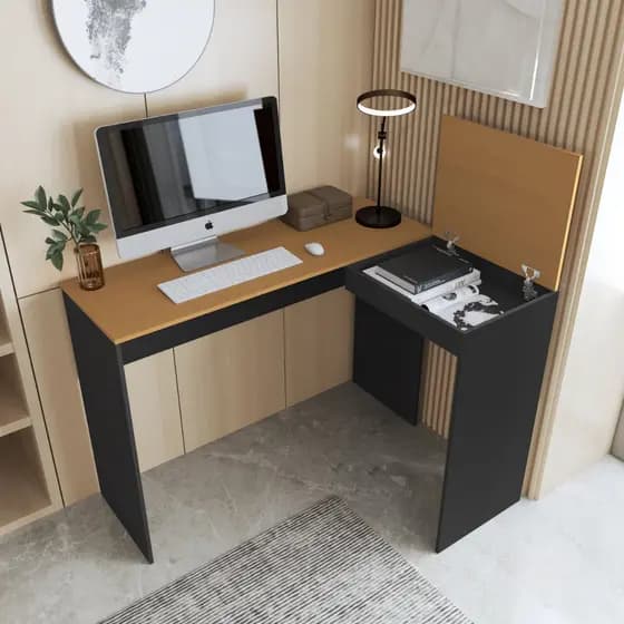 Mesa Escrivaninha Penteadeira 2 Em 1 Com Porta Articulada Bau em L Belgica - Preto/Nature