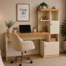 Escrivaninha Star com Estante Organizadora e Armários Mesa Home Office Moderna - OFF WHITE/NAT