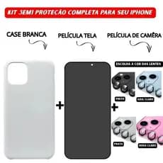 Kit 3em1 Case Branca + Película de Vidro 3D Privacidade + Película Câmera Colorida Para iPhone 11 12 13 14 15 16 Pro Max