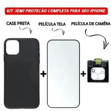 Kit 3em1 Case Preta + Película de Vidro Temperado 3D + Película Câmera Para iPhone 11 12 13 14 15 16 Pro Max