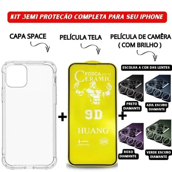 Kit 3em1 Capa Space+Película Cerâmica Fosca+Película Câmera Diamante iPhone 11 12 13 14 15 16 ProMax