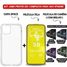 Kit 3em1 Capa Space+Película Cerâmica Fosca+Película Câmera Diamante iPhone 11 12 13 14 15 16 ProMax