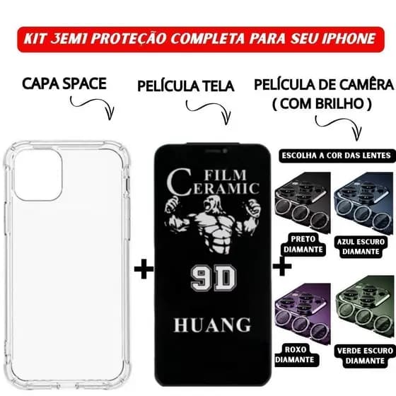 Kit 3em1 Capa Space+Película Cerâmica Privacidade+Película Câmera Diamante iPhone 11 12 13 14 15 16 Pro Max