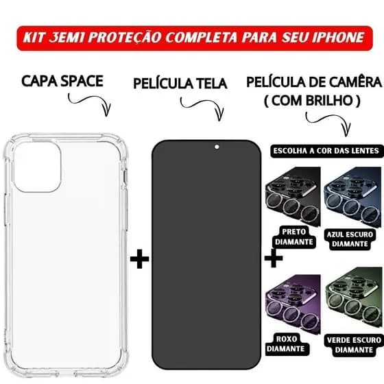 Kit 3em1 Capa Space+Película de Vidro 3D Privacidade+Película Câmera Diamante iPhone 11 12 13 14 15 16 Pro Max