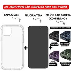 Kit 3em1 Capa Space+Película de Vidro 3D Privacidade+Película Câmera Diamante iPhone 11 12 13 14 15 16 Pro Max