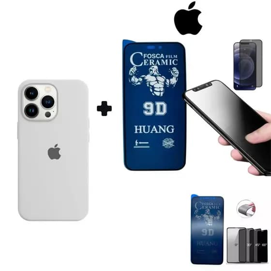 Kit 2em1 Capa Case Branca + Película Cerâmica Fosca Privacidade iPhone XS 11 12 13 14 15 16 Pro Max