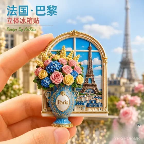 Ímã de Geladeira: Paris, França, Janela Arqueada, Vaso, Flores, Torre Eiffel, Decoração de Casa, Adesivo Magnético 3D, P