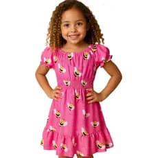 vestido infantil e juvenil menina manga princesa estampado cignina ombro a ombro comportado