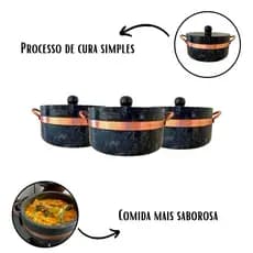Jogo 3 Panelas de Pedra Kit 3 Panelas de  1 Litro  de Pedra Sabão Cozinha Alça de cobre
