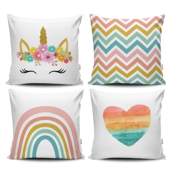 Kit 4 Capas de Almofada Decorativas Estampadas - Unicórnio