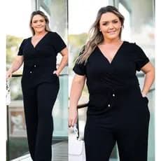 Macacao Plus Size Longo Feminino Decote Transpassado Moda GG ao G3