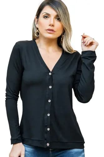 Blusa Feminina Casaquinho Cardigan Básico Com Botão Dourado LIQUIDAÇÃO Decote V