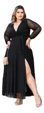 Vestido  Plus Size Feminino Longo Manga em Tule Formatura Elegante Festa GG ao G4