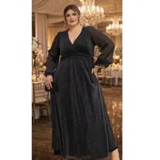 Vestido Plus Size Longo Festa Tule Lurex com Fenda para  Eventos Especiais Luxo