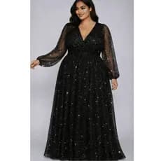Vestido Longo Feminino Festa Plus Size Tule de Brilho Manga Longa Casamento Madrinha