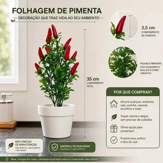 Folhagem Com Pimenta Artificial Decorativa 10 Pimentas para Decorar Cozinha e Área Gourmet Arranjo Ideal para Vasos