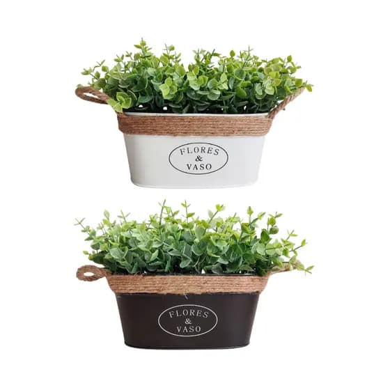 Cachepot Floreira  Vaso de Metal com Arranjo Pick de Eucalipto Verde Planta Artificial Decoração