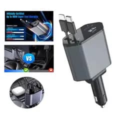 Carregador Retrátil para Carro 4 em 1 TURBO com Luz LED 180° Ajustável e Cabo Flexível para iPhone Android