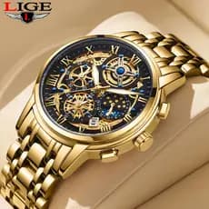 LIGE Relógio Masculino Marca Original Ouro Aço Inoxidável Impermeável Esportivo Quartzo + caixa de relógio