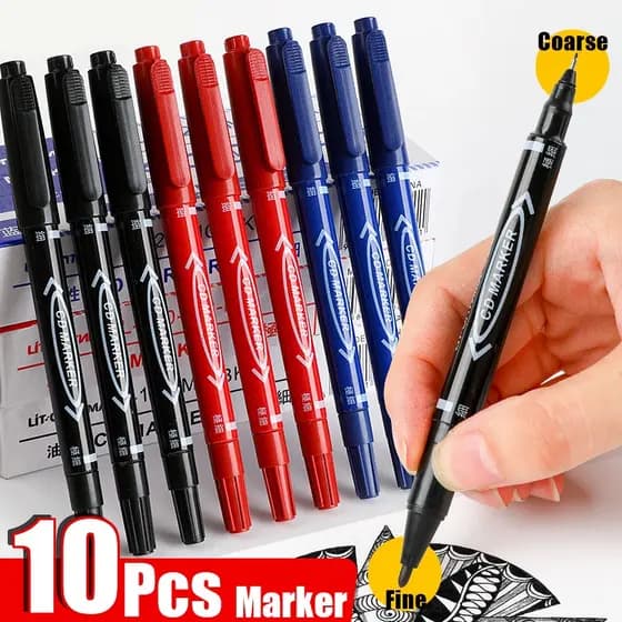 10Pcs Ponta Dupla Marcador Permanente Black/Blue/Red Oil Marker Pen Fine Nid Tinta Papelaria Escola & Material De Escritório