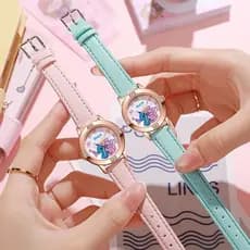 Disney Stitch Rosa Ouro Diamante Cinto Relógio Estudante De Quartzo Feminino Simples Alto Nível De Aparência