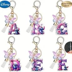 2D Flat 1Pc Disney Stitch Chaveiro-Roxo Com Borboleta E Borla Charme 26 Letras Az Iniciais Pingente Ferro Durável Acríli