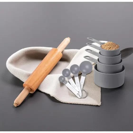 Kit Culinário Rolo de Madeira para Massa + Colher Medidora Cozinha Pizza Bolo Pão