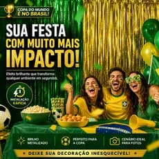 Kit Copa Cortina  Metalizada Verde e Dourada 1x2m Painel Festa Brasil Aniversário Decoração Carnaval