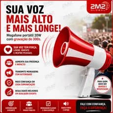 Megafone Portátil 20W com Sirene e Gravação Recarregável Amplificador de Voz Eventos Guias Escolas