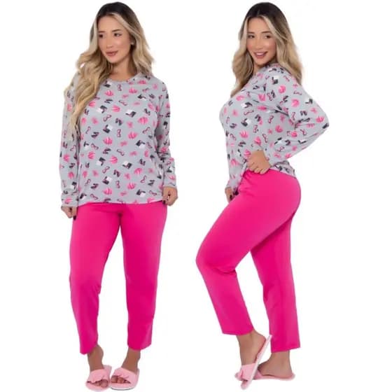 Pijama Feminino Inverno Suede Adulto Conjunto Quentinho com Calça e Blusa Manga Longa Estampas Sortidas