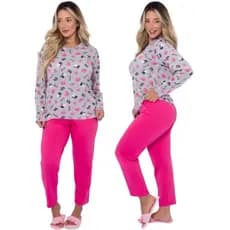 Pijama Feminino Inverno Suede Adulto Conjunto Quentinho com Calça e Blusa Manga Longa Estampas Sortidas