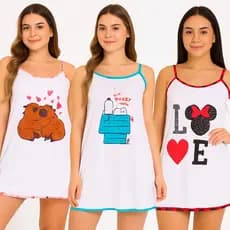 KIT-3 Camisola Su Estampa Personagens Feminina Adulta | Malha Fresca e Confortavel para Dormir