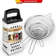 Kit Ralador + 3 Peneiras Inox Coador Fatiador 4 Faces Alimentos Utensilios Cozinha