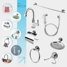 Kit Banheiro Acessórios Metal+Torneira Banheiro Lavatório 1198 + Ducha Higiênica Kit 7 Peças C. 2122
