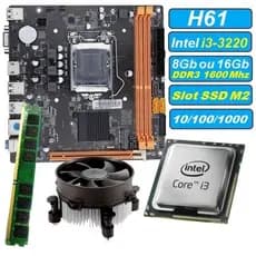 Kit UPGrade i3-3220 Memória 8GB ou 16GB DDR3 Placa Mãe H61 Slot SSD M2 gamer lga 1155 atx