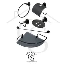 Kit Acessórios Para Banheiro 5 Peças Aço Inox + Porta Shampoo Suporte Vidro Canto Preto Fume Box