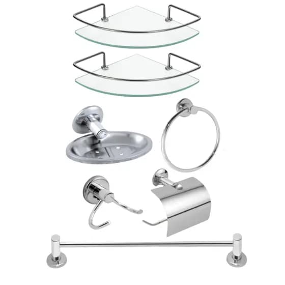 Kit Acessórios Banheiro 5 Peças Inox + 2 Porta Shampoo Canto Suporte Cantoneira Vidro Incolor Box
