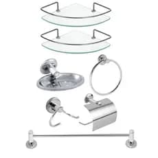 Kit Acessórios Banheiro 5 Peças Inox + 2 Porta Shampoo Canto Suporte Cantoneira Vidro Incolor Box