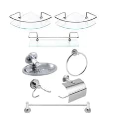 Kit Acessórios Inox 5 Peças Banheiro Completo + 2 Porta Shampoo Canto + 1 Porta Shampoo Suporte Reto Organizador Incolor