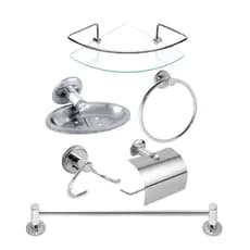 Kit Acessórios Banheiro 5 Peças + 1 Porta Shampo Canto Cantoneira Vidro Temperado Incolor Organizador Suporte Lavanderia