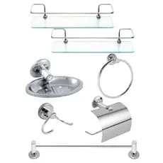 Kit Acessórios 5 Peças Completo Banheiro Inox + 2 Porta Shampoo Prateleira Suporte Reto Vidro Incolor Organizador