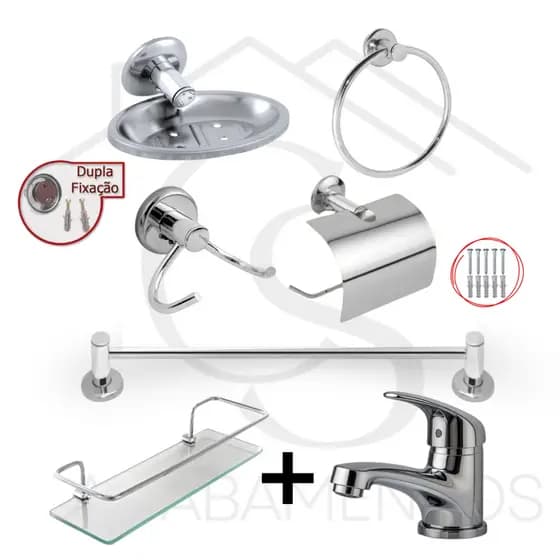 Kit de Acessórios Banheiro Completo Cromado com Torneira Abs Monoup Porta Shampoo Organizador Box