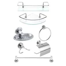 Kit Acessórios 5 Peças Banheiro Inox + Porta Shampoo Canto Reto Suporte Vidro Temperado