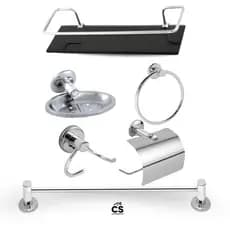 Kit Acessórios  5 Peças Cromado Banheiro + Porta Shampoo Suporte Prateleira Reto Fume Organizador Box