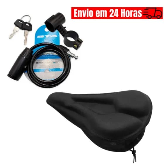 Cadeado Anti Furto Bicicleta 1metrox6mm C/Suporte 2 Chaves Tranca Capa de Selim Banco Gel Confortável Ajustável Ciclismo