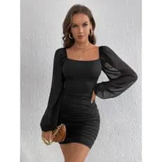 VESTIDO JUSTO MANGA LONGA DE TULE EM SUPLEX – PRETO E BRANCO - MODINHA
