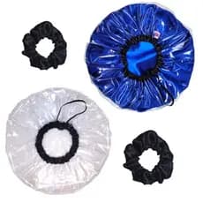 Kit 2 Touca Plástica de Banho de Cetim, Touca Plástica De Banho e Scrunchie de Cetim