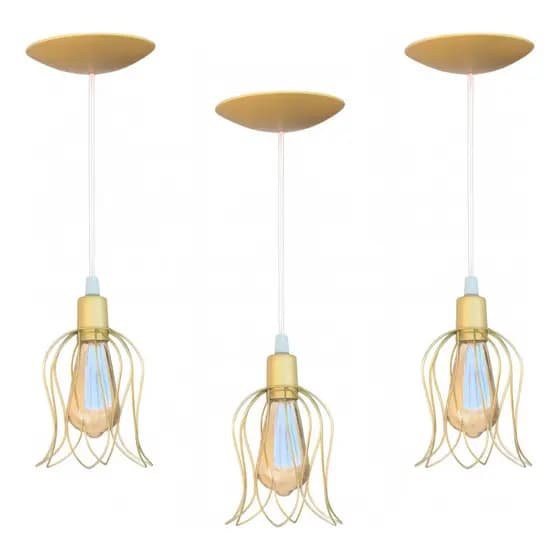 Kit 3 Tulipa Luminária Teto Aramado Luz Cabo Cristal 1 Metro