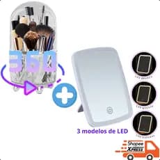 Espelho com LED Maquiagem  e/ou Organizador de Pinceis de Maquiagem Giratório 360° X-MATTE